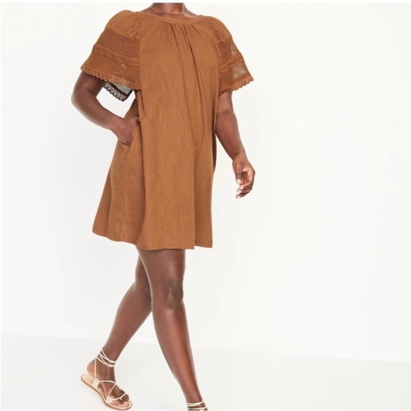 Old Navy Brown Crochet Flutter Sleeve Tie-Back Swing Dress 2X Boho Festival - Picture 3 of 13
